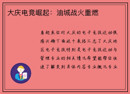 大庆电竞崛起：油城战火重燃